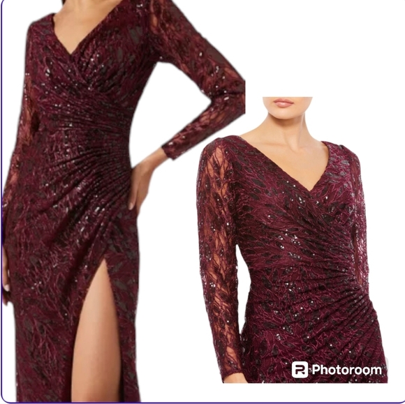 Mac Duggal Maxi Dress Ruched Embroidery Lace Sequin Faux Wrap Long Sleeves Gown - Picture 4 of 15